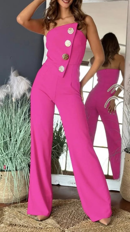 Tube Gold Button Embellished Bootcut Jumpsuit