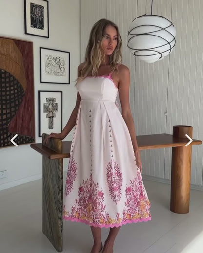 ELEGANT SUMMER FLORAL PRINT BACK TIE-UP MIDI DRESS WITH TRIM BAND
